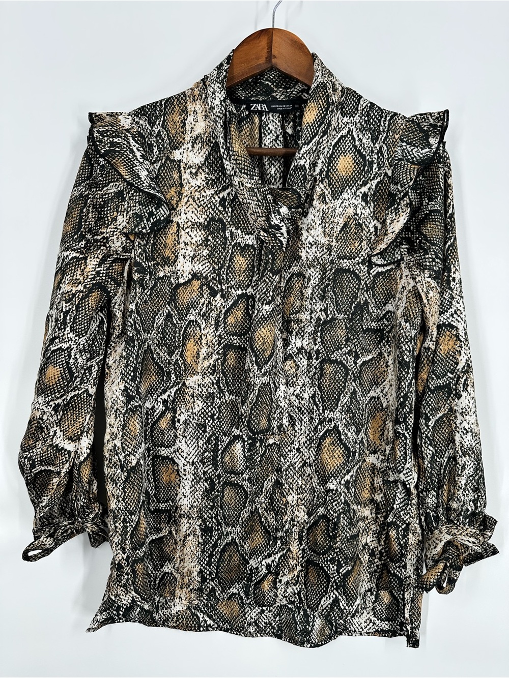 ZARA Snakeskin Print Ruffle Shoulder Blouse Tie Neck Long Sleeve Boho Top Sz XS